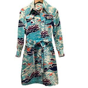 Toby Tanner Vintage 60s Abstract Belted Shirt Dress, Pockets, Blue Orange 10